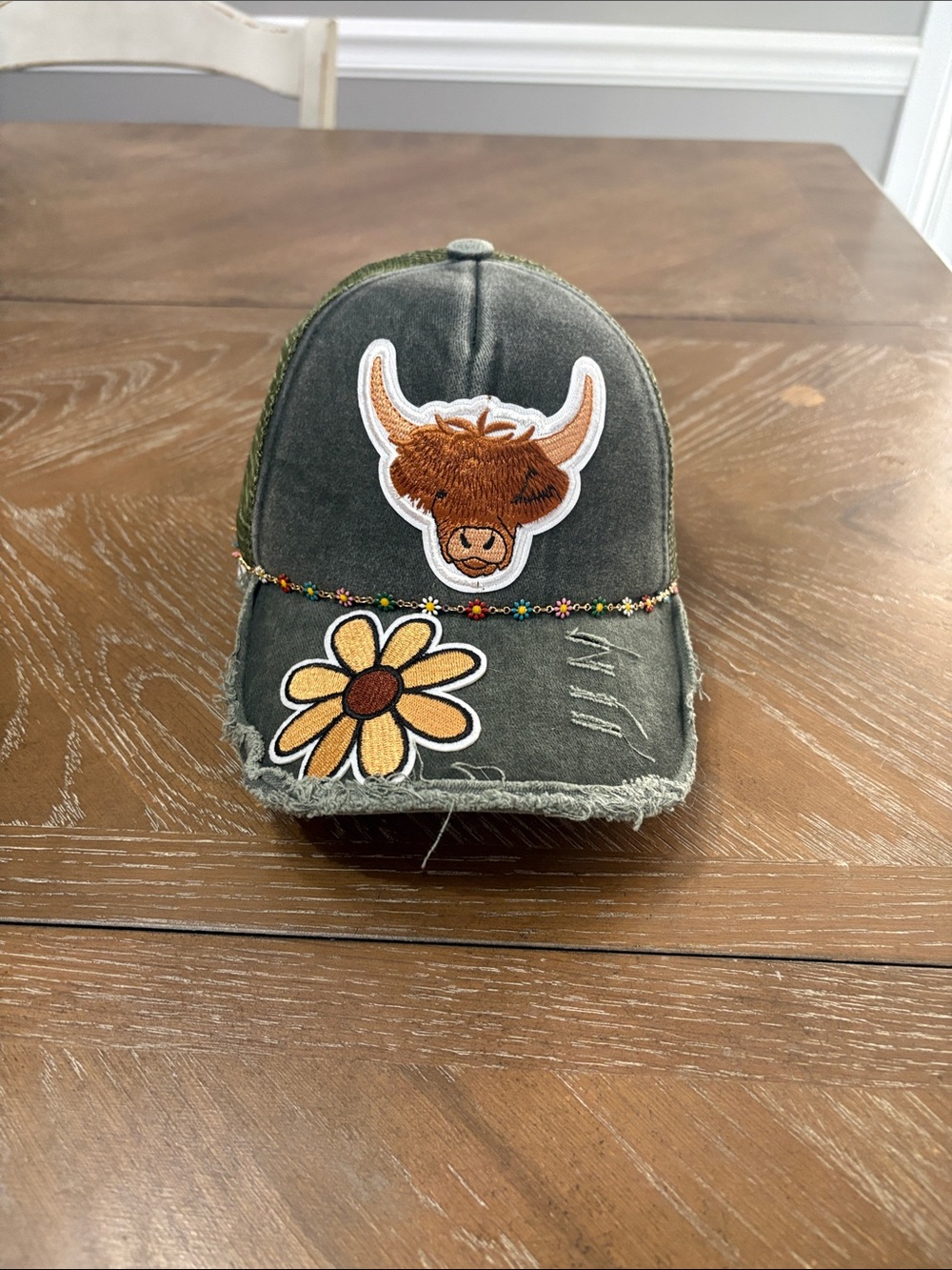 Distressed Olive Green Patch Baseball Cap with Flower and Highland Cow